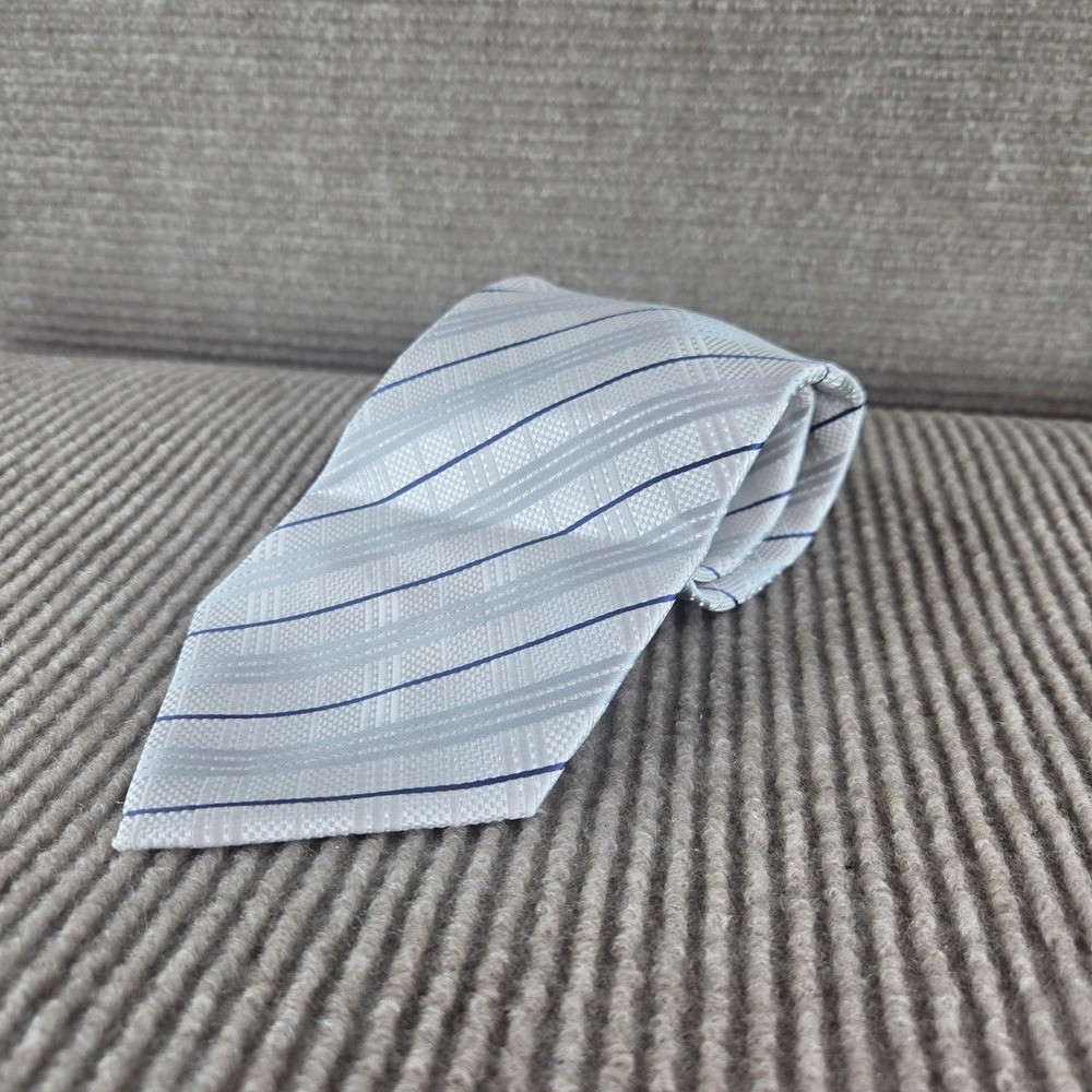 Ferrecci Mens OS White Blue Striped Hand Made Microfiber Necktie